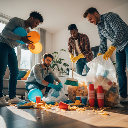 Group of diverse young adults collaboratively cleaning up the extensive messy aftermath of a big gamの素材