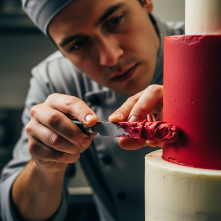 A skilled baker applies rich red velvet buttercream icing to a multi-tiered cake, captured in an ultの素材