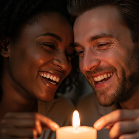 An extreme close-up, macro view of a diverse couple laughing candidly during a romantic candlelit diの素材