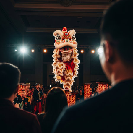 Editorial image of people watching an intense, traditional lion dance performance. Captured with anの素材