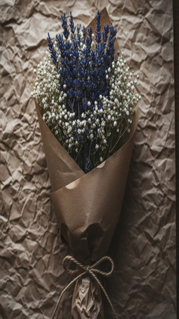 A wide-angle, cinematic top-down flatlay featuring a rustic bouquet of dried lavender and baby's breの素材