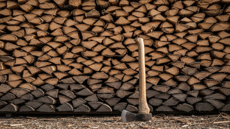 An editorial, cinematic low angle shot capturing a meticulously stacked woodpile against a cold, latの素材