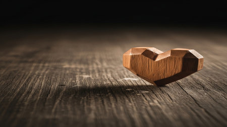 A geometrically carved wooden heart resting on a textured, rustic dark wood table. Wide cinematic coの素材