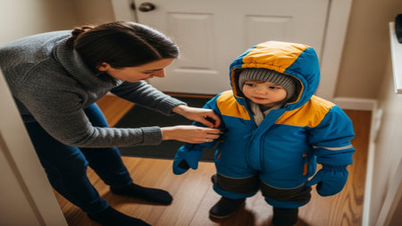 A mother helping her young child bundle up tightly in heavy, brightly colored snow gear inside an enの素材