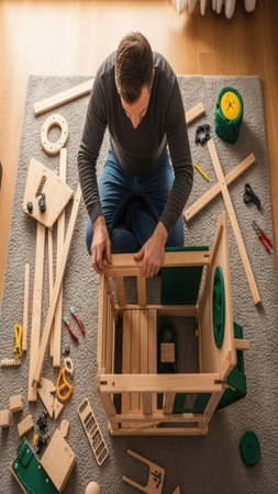 A dramatic high-angle, top-down view of a father carefully following a complicated instruction manuaの素材