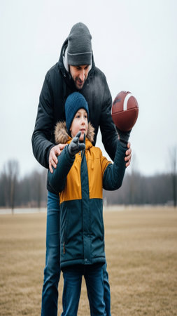 A candid, cinematic, full-body vertical shot captured with a Dutch angle, showing a parent teachingの素材