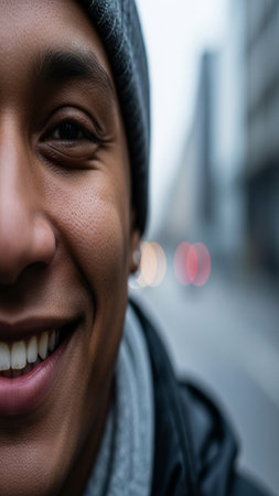 A cinematic, extreme close-up macro portrait of a smiling subject in a cold city environment, emphasの素材