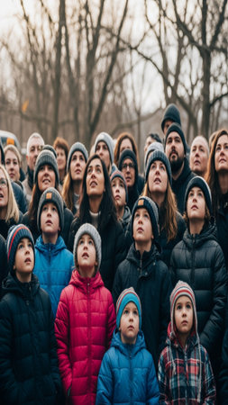 A vertical, wide-angle cinematic shot capturing a diverse crowd gathered outdoors on Groundhog Day,の素材