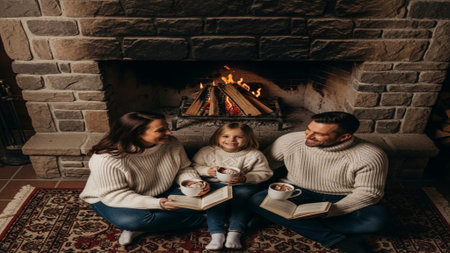 High-angle top-down cinematic shot of a family relaxing by a rugged stone fireplace, centered on theの素材