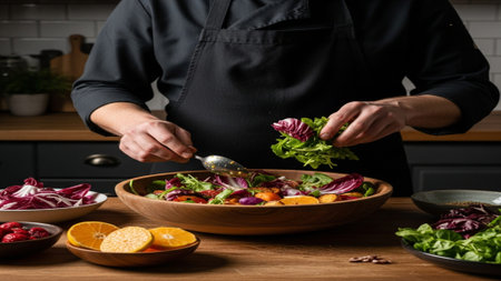 Wide, cinematic editorial image showing a chef preparing a fresh, colorful salad made with seasonalの素材