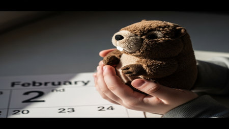 An editorial, cinematic macro photograph showing the hands of a young child holding a stuffed groundの素材