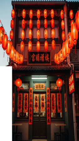 A vertically composed, low-angle, cinematic photograph of a highly decorated traditional storefrontの素材