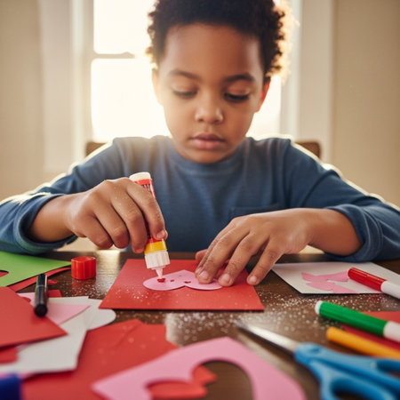 A cinematic, low-angle editorial photograph of a young child meticulously crafting a Valentine's Dayの素材