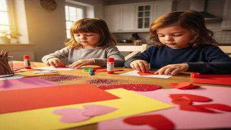 Children creating handmade Valentine's cards to distribute to family members. Low angle cinematic wiの素材