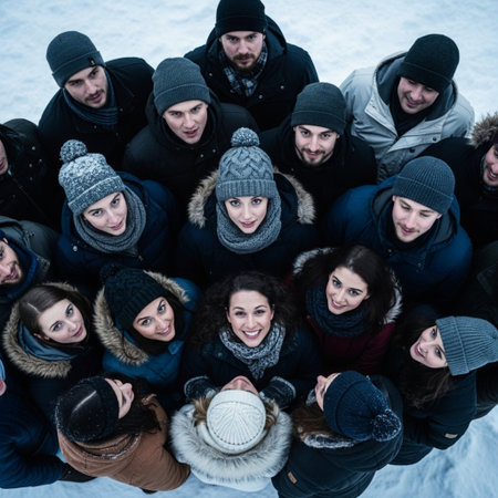 Editorial, high-angle top-down view of a diverse crowd standing outside in fresh snow on a cold mornの素材