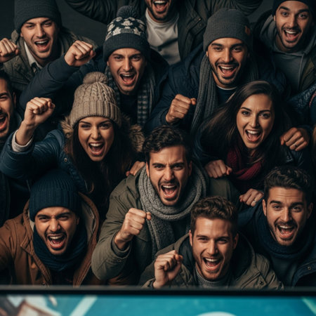 A high-angle, top-down editorial photograph capturing a moment of intense emotion among a diverse grの素材