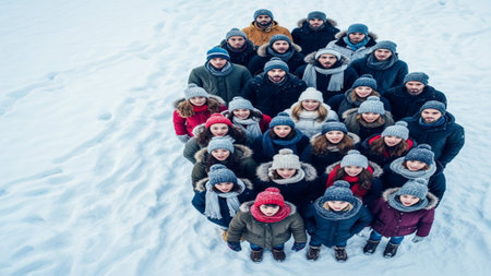 A high-angle, cinematic photograph capturing a diverse group of people standing tightly in deep snowの素材