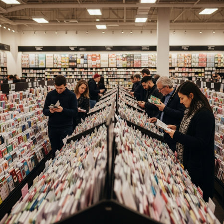 A cinematic wide-angle view of a large retail store aisle dedicated to holiday greeting cards. Multiの素材