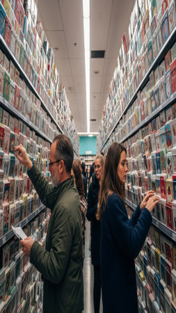 A candid, cinematic editorial photograph showing diverse shoppers selecting greeting cards from a vaの素材