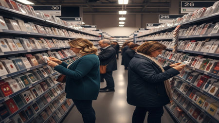 Editorial image of diverse shoppers browsing a huge display of holiday greeting cards in a wide retaの素材