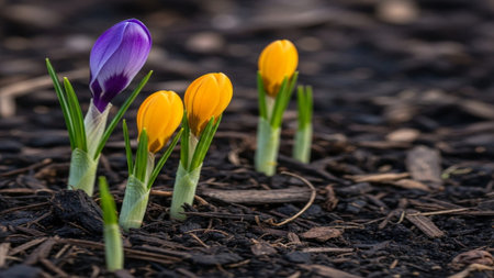 Crocus flowers in the garden. Springtime. Selective focus.の素材