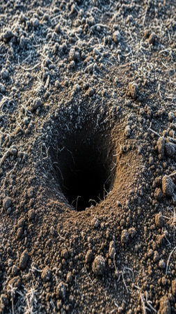 Close up of a hole in the ground covered with snow in winterの素材
