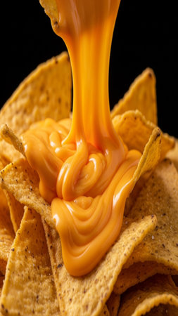 Nachos with melted cheese on a black background, close upの素材