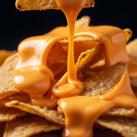 Nachos with melted cheese and caramel sauce on black background.の素材