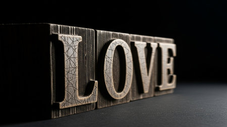\The word \"\"love\"\" written in wooden letters on a dark background.\""の素材