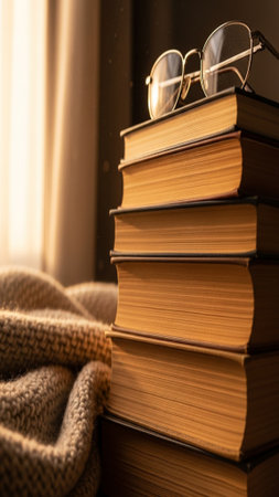 Stack of books with glasses and warm knitted plaid on window sillの素材