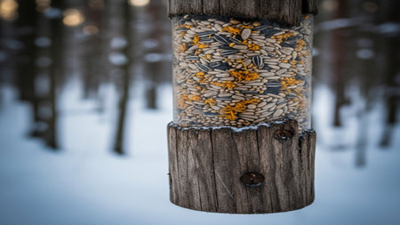 Wooden bird feeder on the shore of a frozen lake.の素材