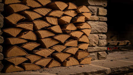 Firewood stacked on top of each other in a woodpileの素材