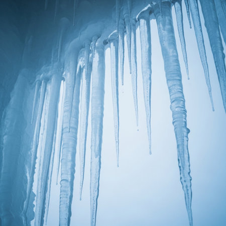 Icicles in winter, close-up. Blue tonedの素材