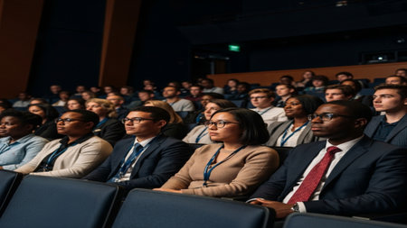 A wide angle, cinematic view of a diverse audience attentively listening during a university seminarの素材