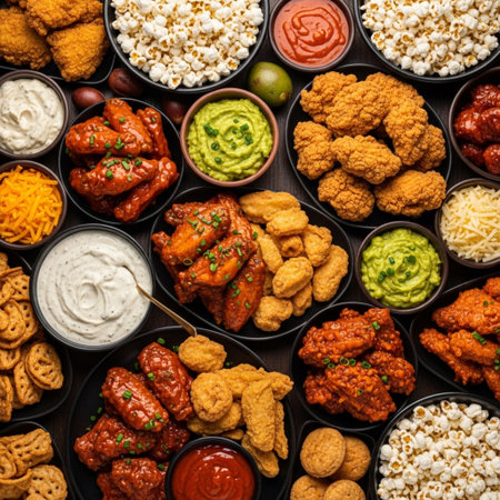 Editorial overhead shot capturing a lavish game day snack spread, featuring hot buffalo wings, creamの素材