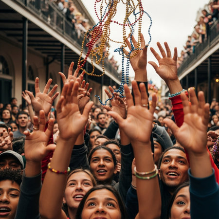 A vibrant, over-the-shoulder view of a diverse group of carnival attendees in the street reaching upの素材