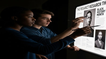 A cinematic silhouette of two diverse students working on a large research poster dedicated to Blackの素材