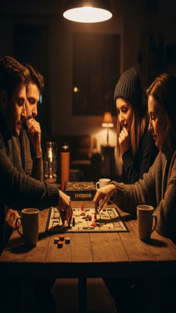 Vertical, dynamic cinematic image featuring three young adults engaging in a board game session duriの素材