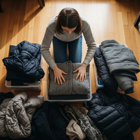 A woman organizing and packing away heavy winter clothing into storage containers, viewed from a higの素材