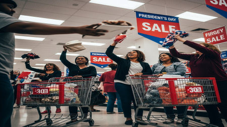 People shopping enthusiastically at a 'President's Day Sale' in a large retail store captured with aの素材