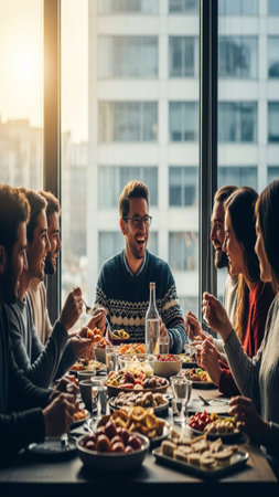Vertical, high-contrast cinematic image capturing a side profile silhouette of diverse office employの素材