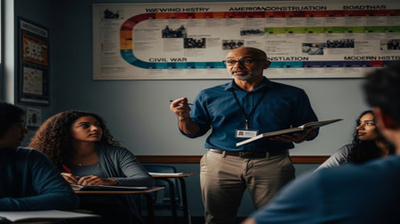 Cinematic wide-angle editorial image of a history teacher passionately guiding a lively discussion wの素材