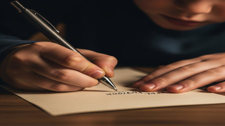 A deeply intimate, cinematic extreme close-up macro shot capturing a child's hands writing a note ofの素材