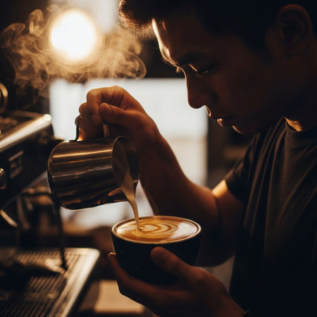 A cinematic, editorial photograph featuring a barista in a side profile silhouette, centered and shaの素材