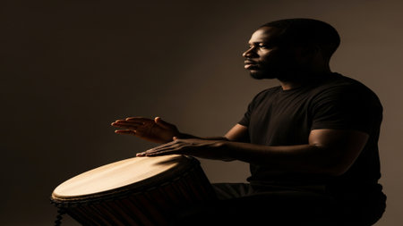 Cinematic side profile silhouette of a musician playing a traditional African percussion instrumentの素材