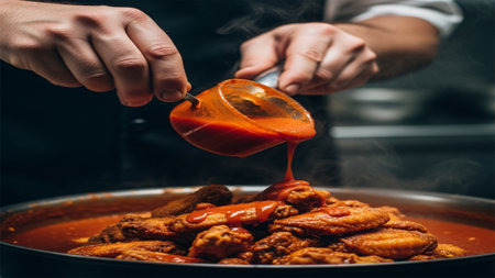 Editorial extreme macro shot of a professional chef preparing buffalo wings and chili for a massiveの素材