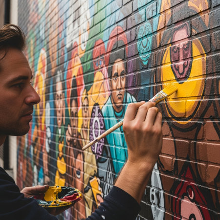 An artist captured in a cinematic over-the-shoulder perspective, adding finishing touches to a massiの素材