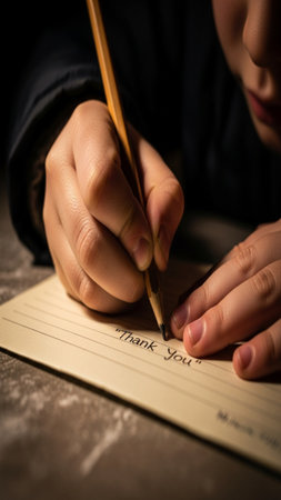 A vertical, extreme close-up macro shot of a young child's small hands carefully writing a handwrittの素材