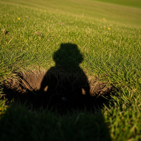 Editorial image showing the stylized, cartoonish shadow of a groundhog emerging from its undergroundの素材