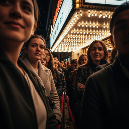 A cinematic, low angle shot focusing on a long, diverse crowd happily queuing outside a grand theateの素材
